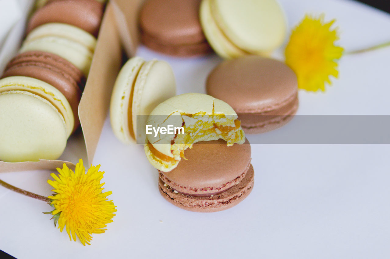 High angle view of macaroons on table