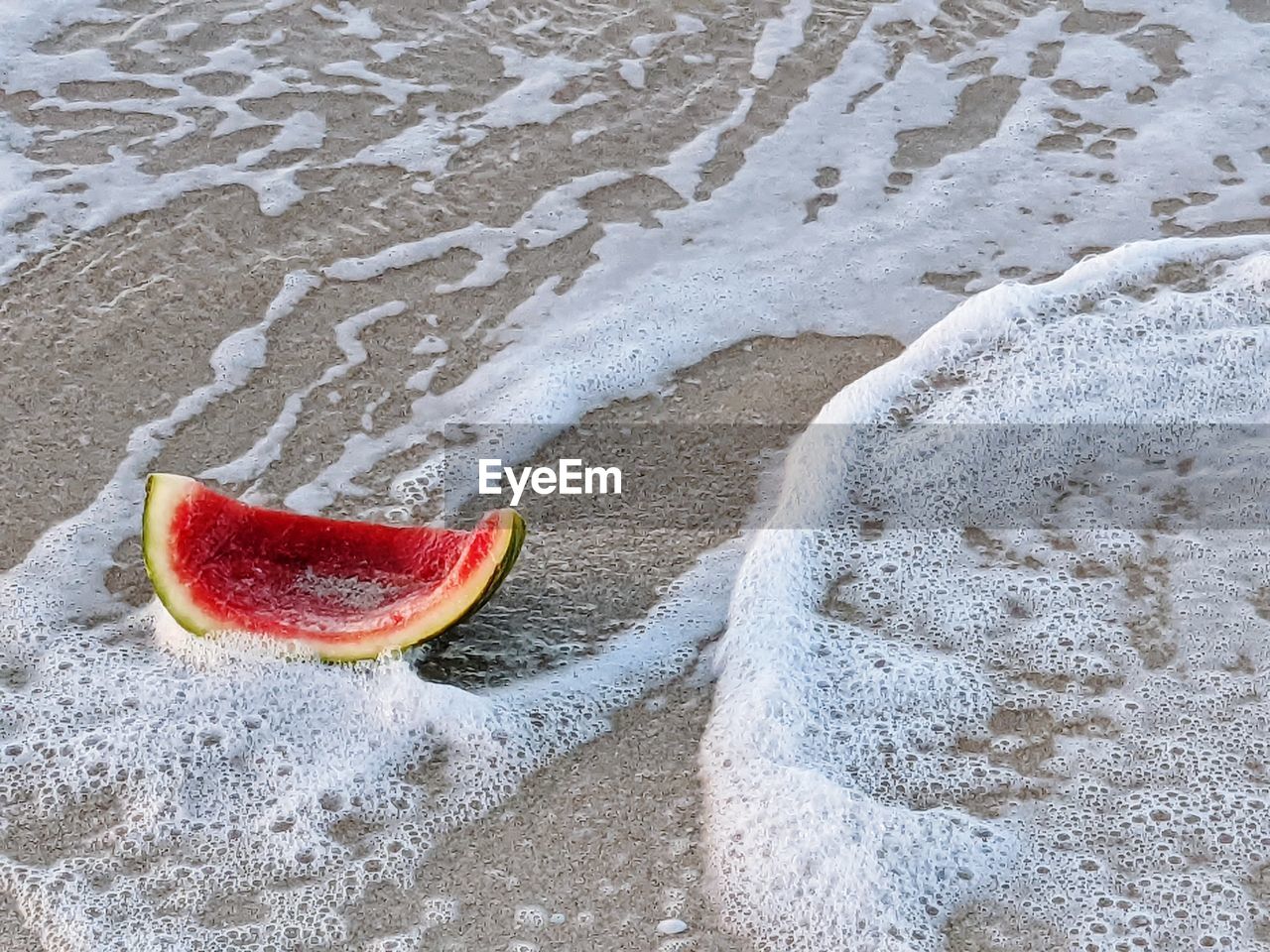 A watermelon rind washed up on a beach in mexico