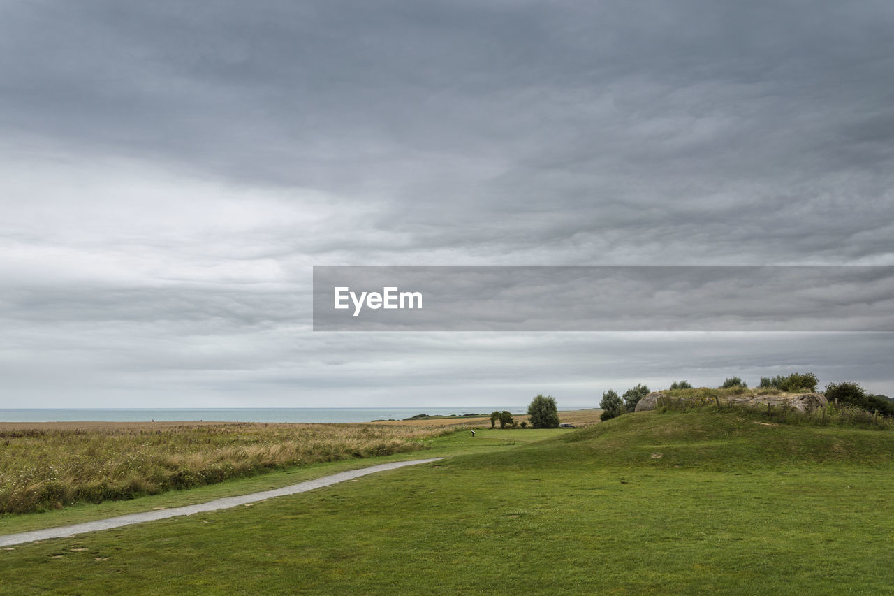 Scenic view of grassy field against cloudy sky