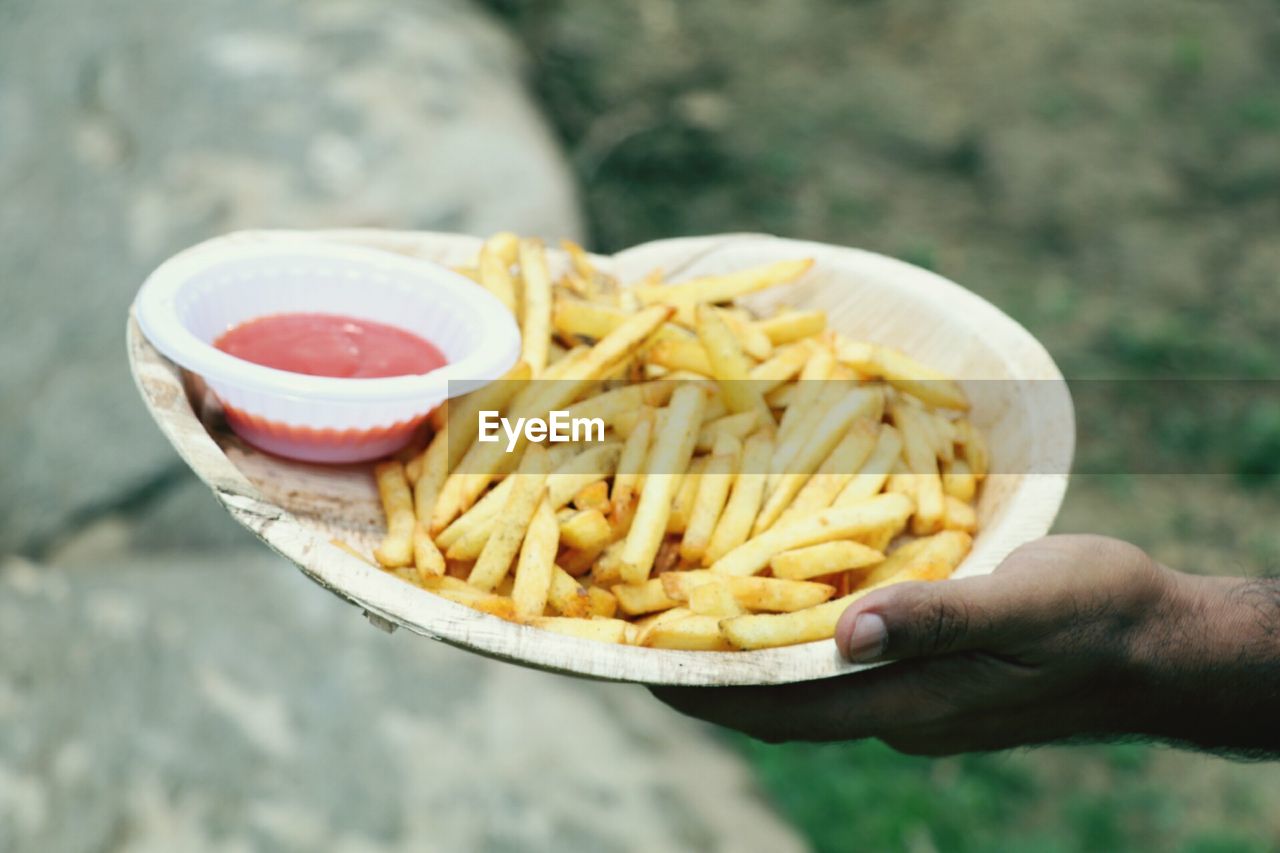 Close-up of hand holding french fries