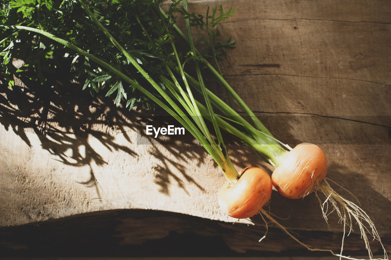 Close-up of baby carrots on wooden chopping board