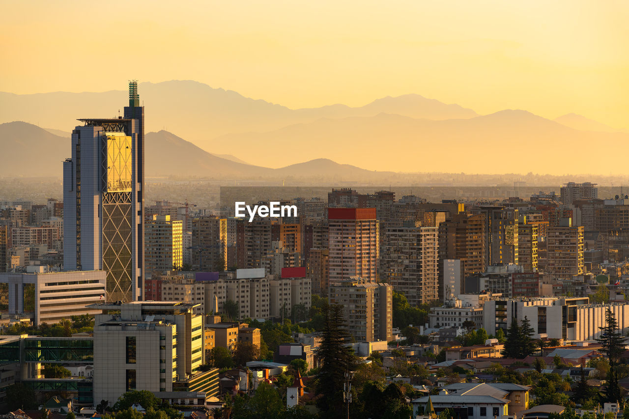 Elevated view of downtown santiago de chile at sunset.