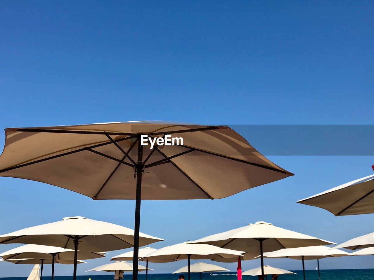 LOW ANGLE VIEW OF PARASOLS AGAINST BLUE SKY