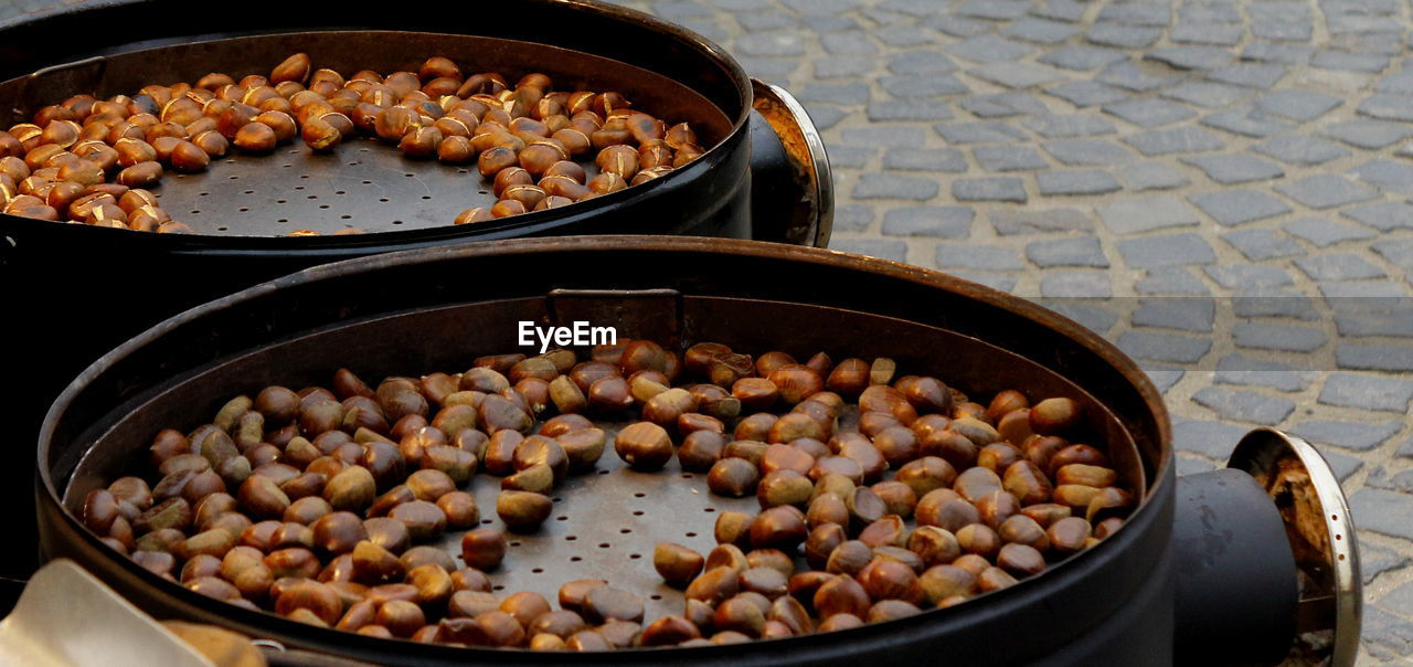 High angle view of chestnuts in container