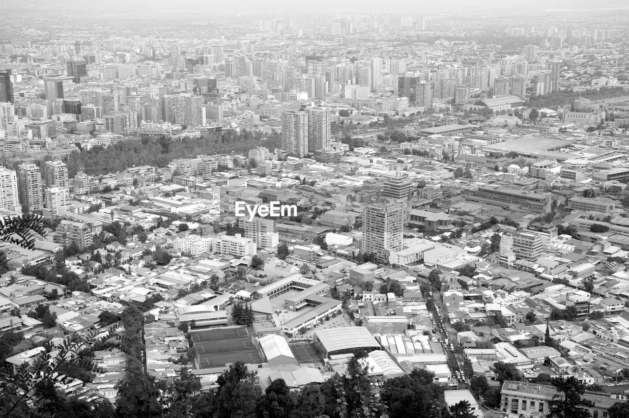 Monochrome aerial view of santiago city as seen from san cristobal hill in santiago, chile