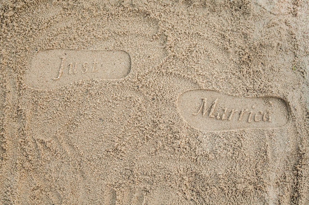 High angle view of message with footprint on sandy beach