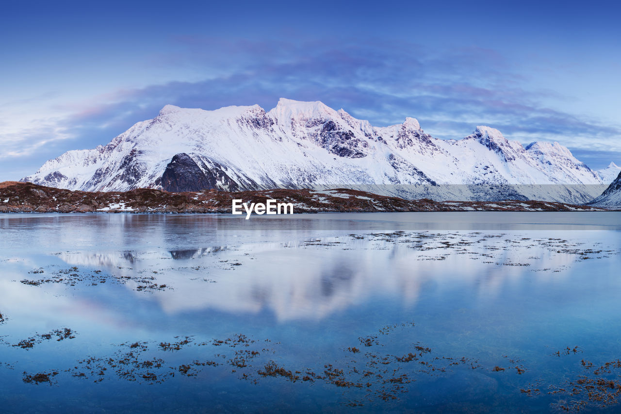 SCENIC VIEW OF LAKE AND SNOWCAPPED MOUNTAINS AGAINST SKY