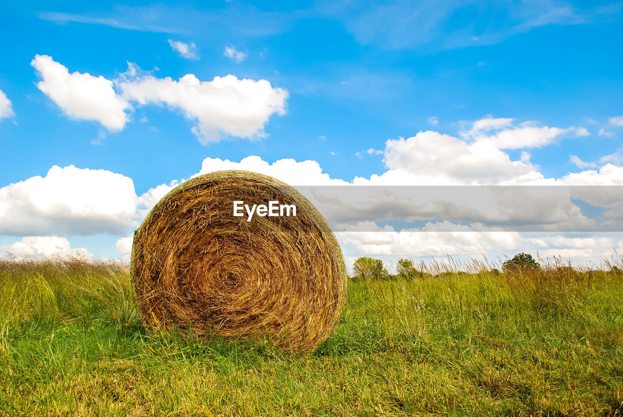 Hay bales on field against sky