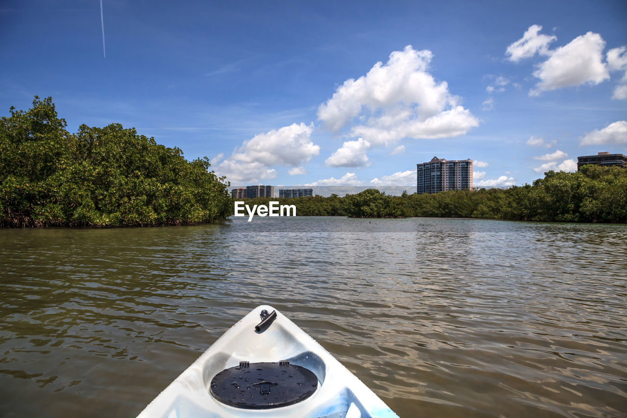 BOAT IN RIVER AGAINST SKY