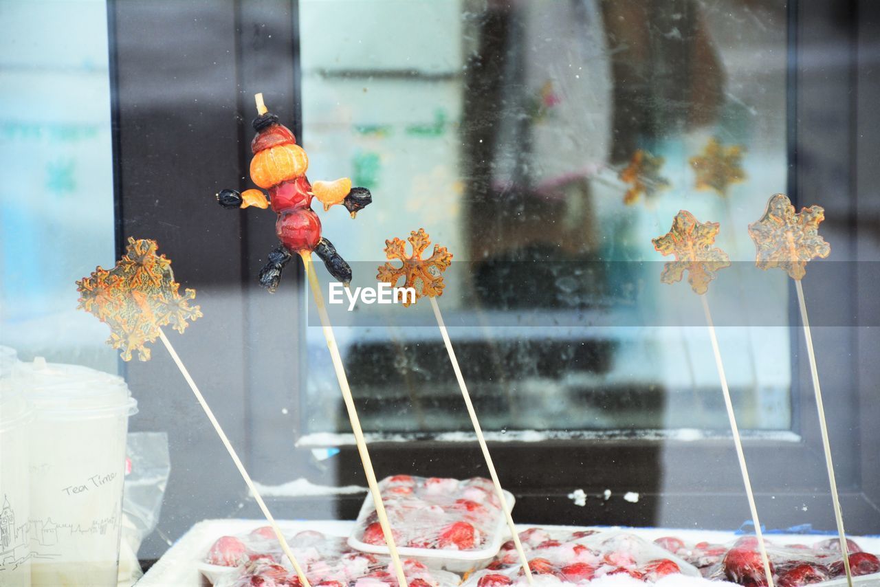 CLOSE-UP OF FLOWERS ON WINDOW