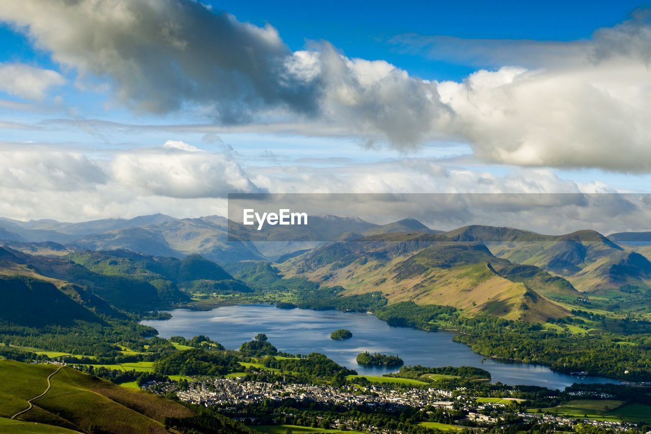 Scenic view of lake and mountains against sky