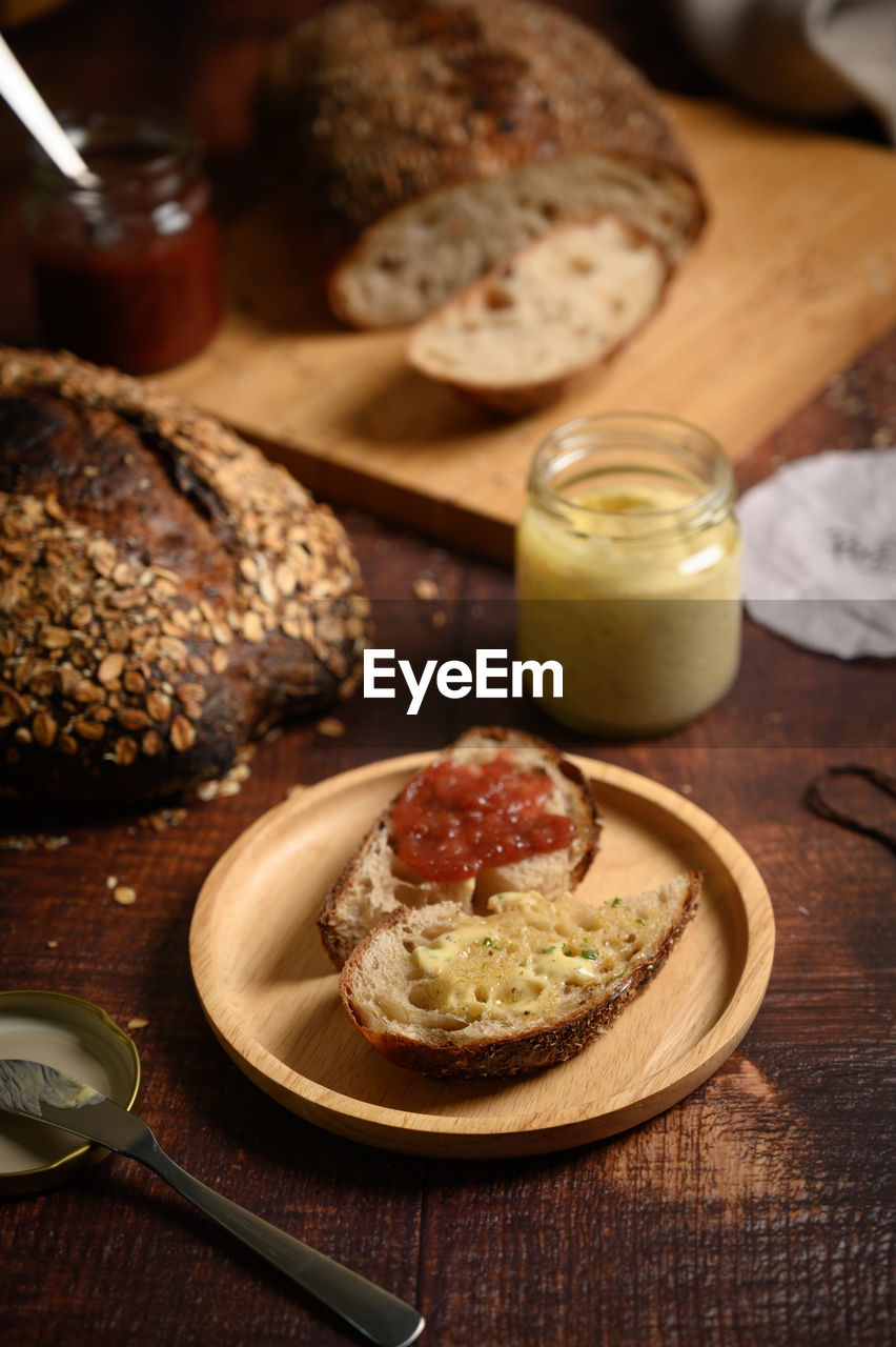 Close-up of breakfast served on table