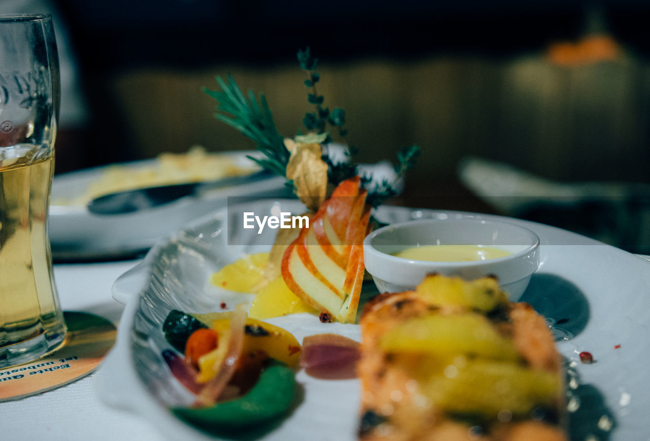 Close-up of food served in plate on table