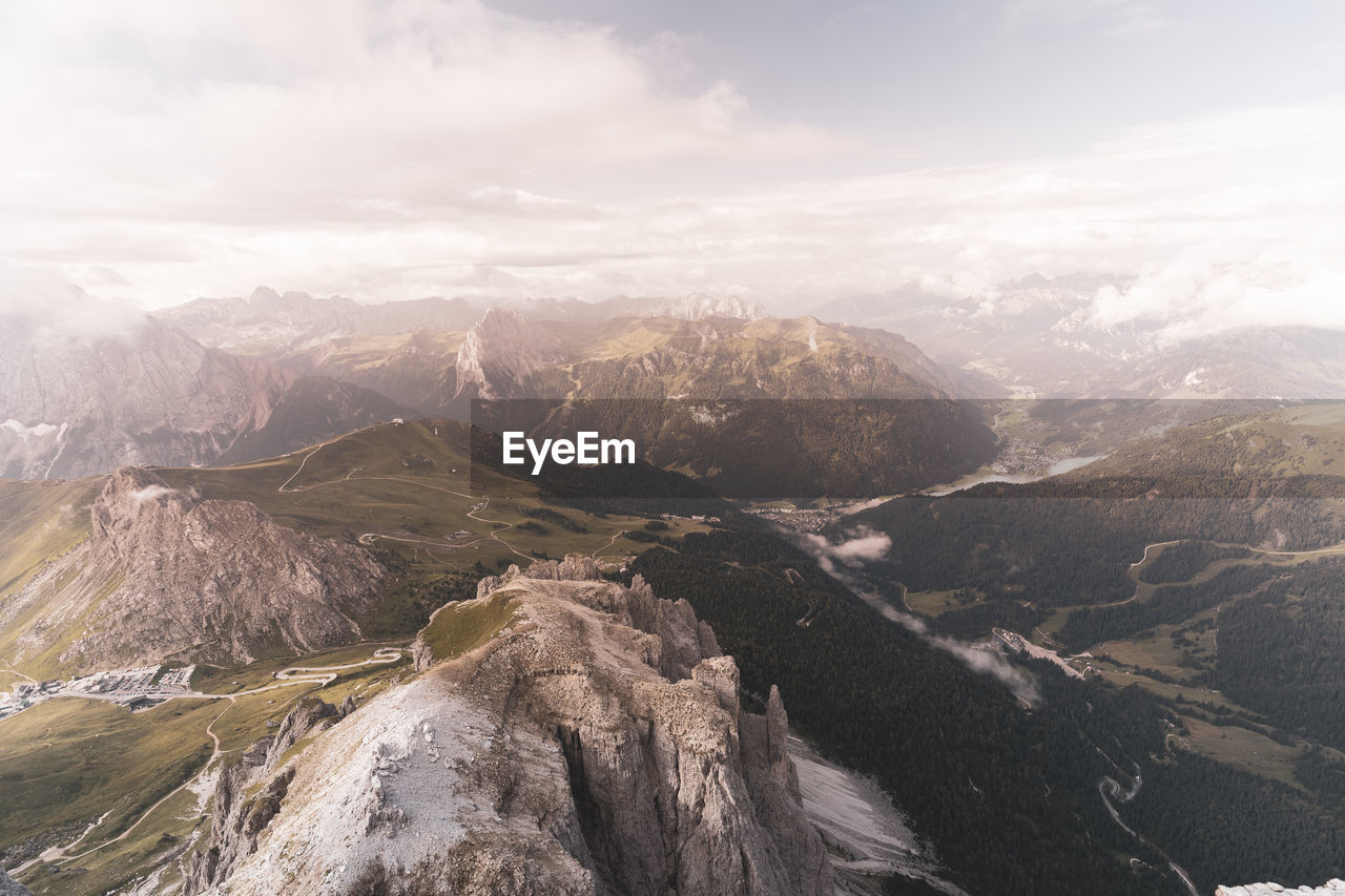 Aerial view of mountain range against sky