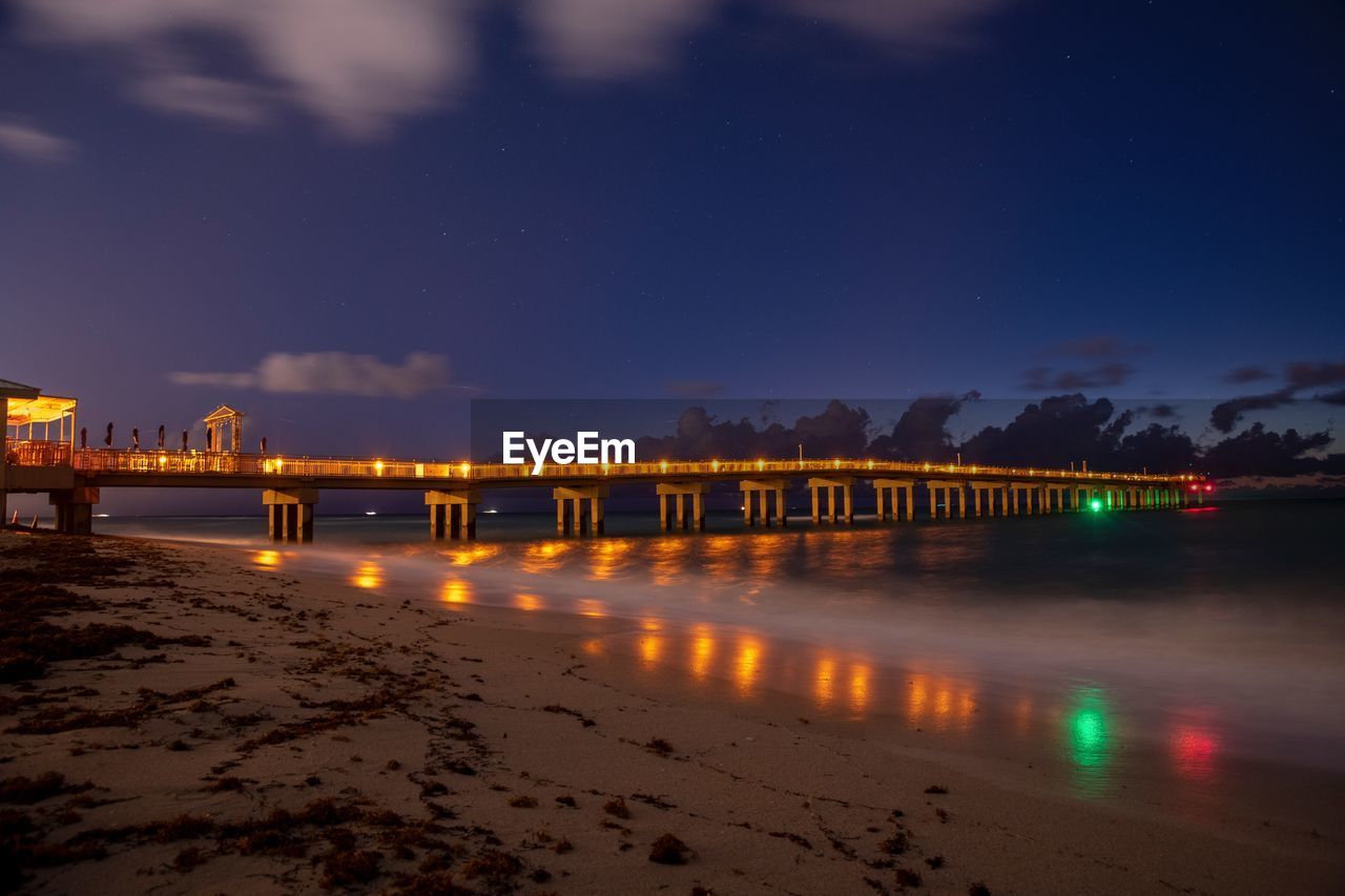 ILLUMINATED BRIDGE OVER RIVER AGAINST SKY