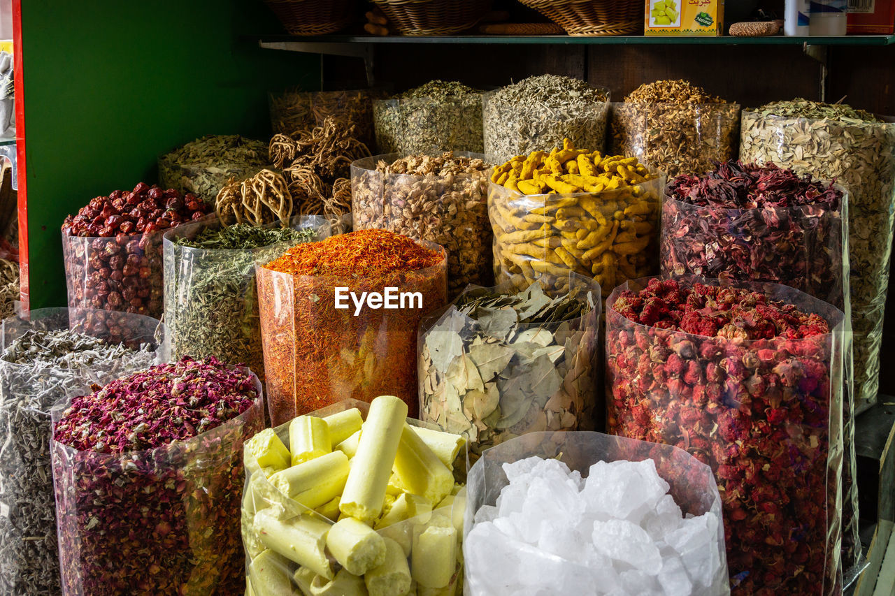 Various spices for sale at market stall