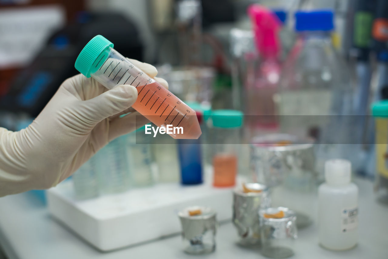 Cropped hands testing chemicals in laboratory