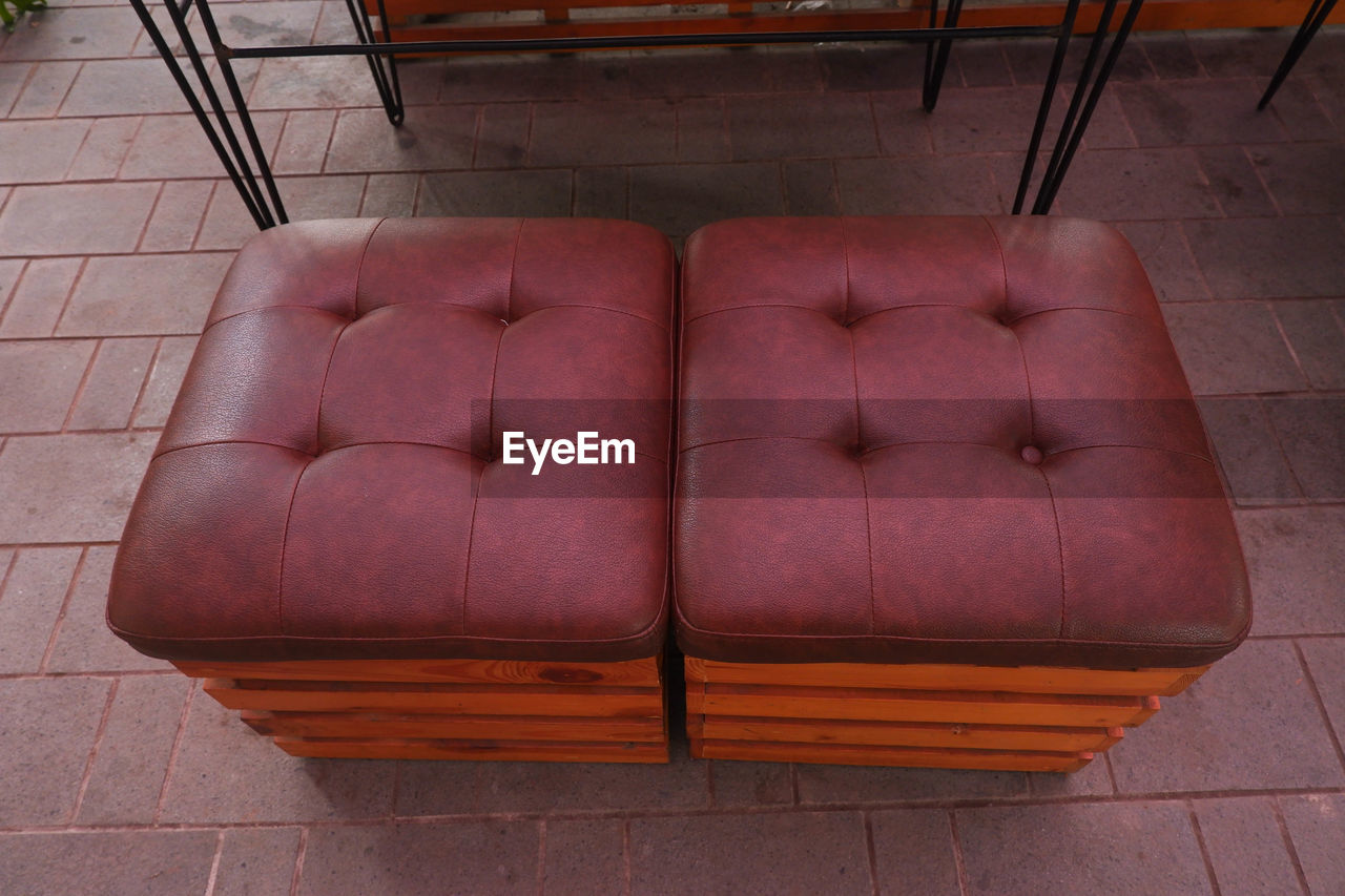 HIGH ANGLE VIEW OF EMPTY BENCHES ON FOOTPATH