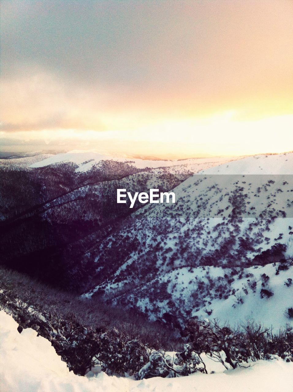 SNOW COVERED LANDSCAPE AT SUNSET