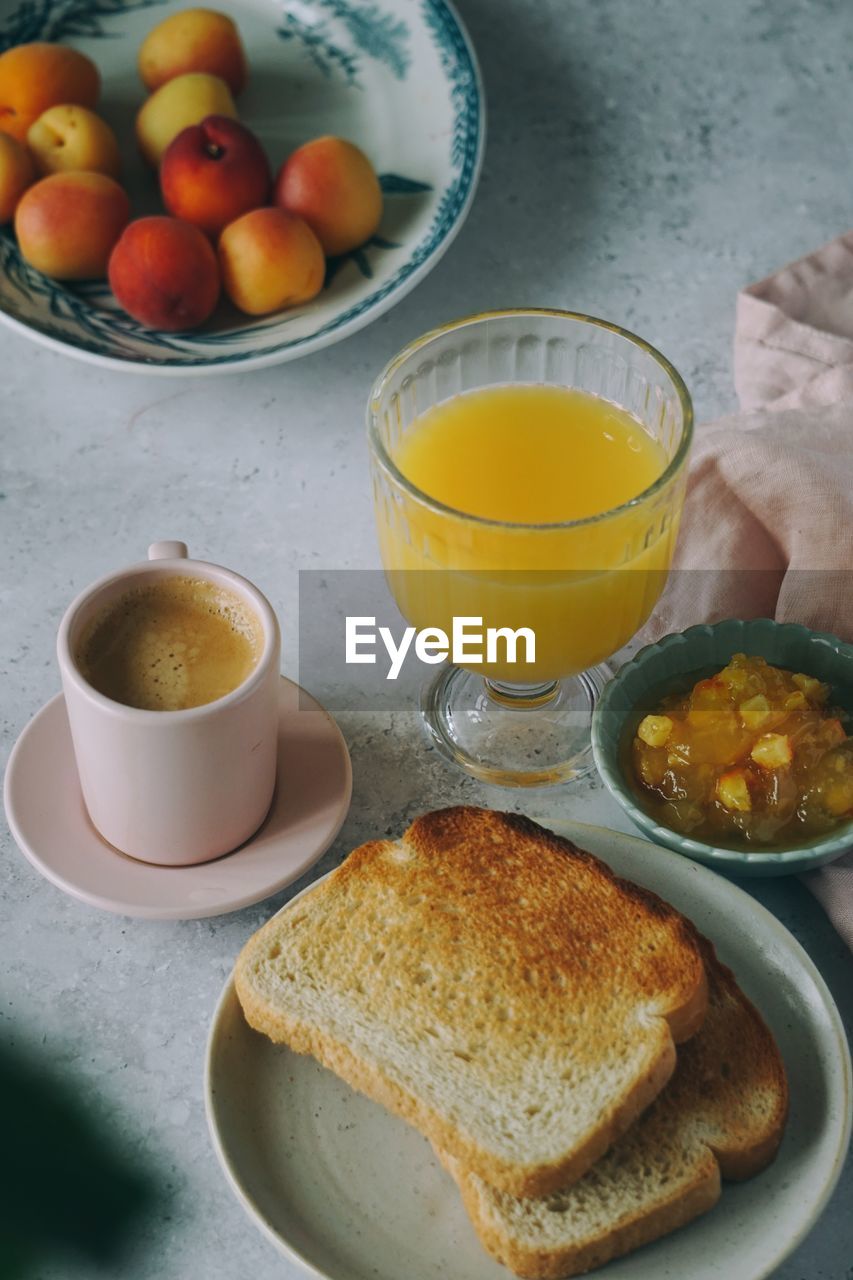 High angle view of breakfast on table