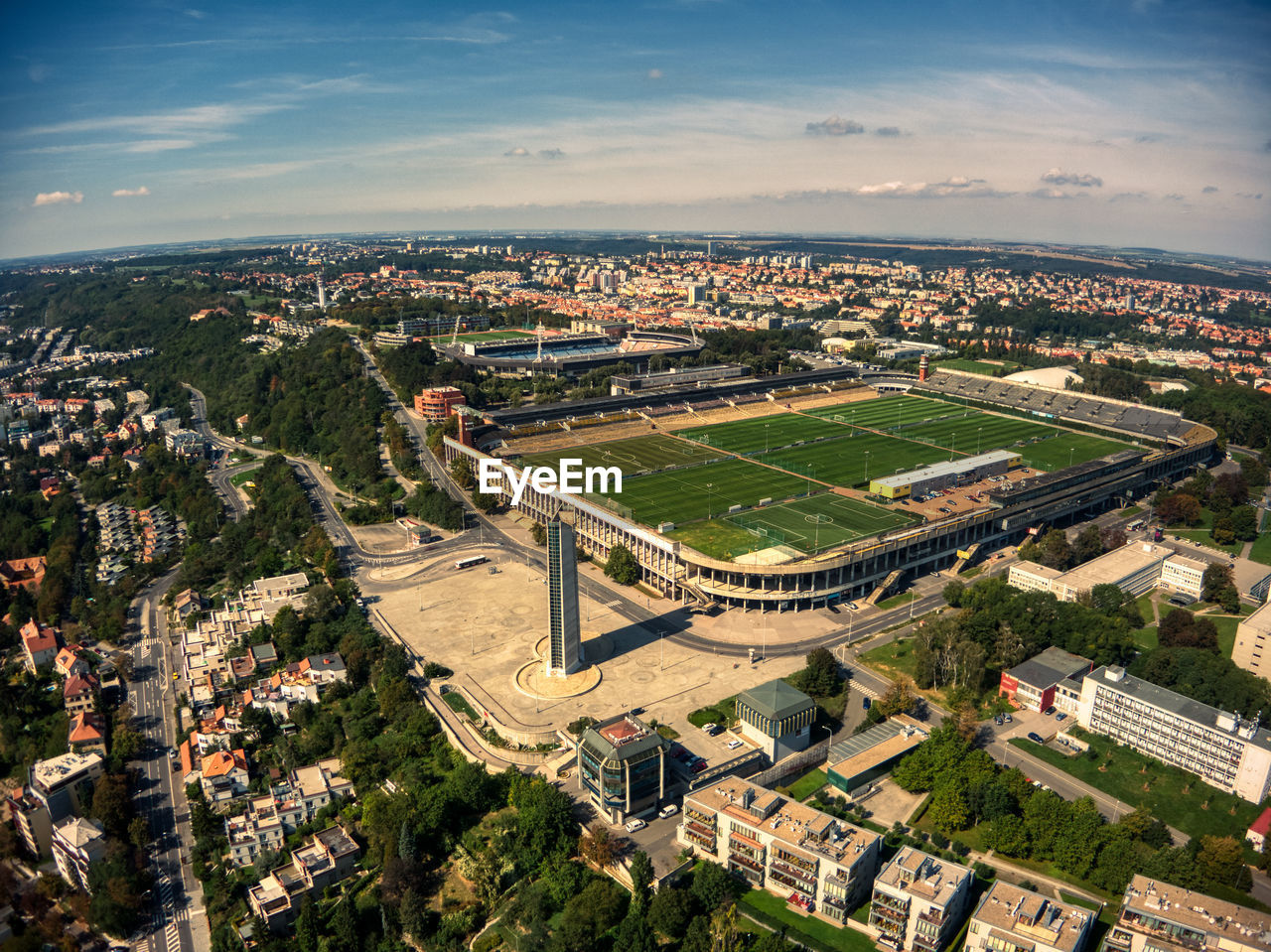 Aerial view of strahov stadium in prague during summer time