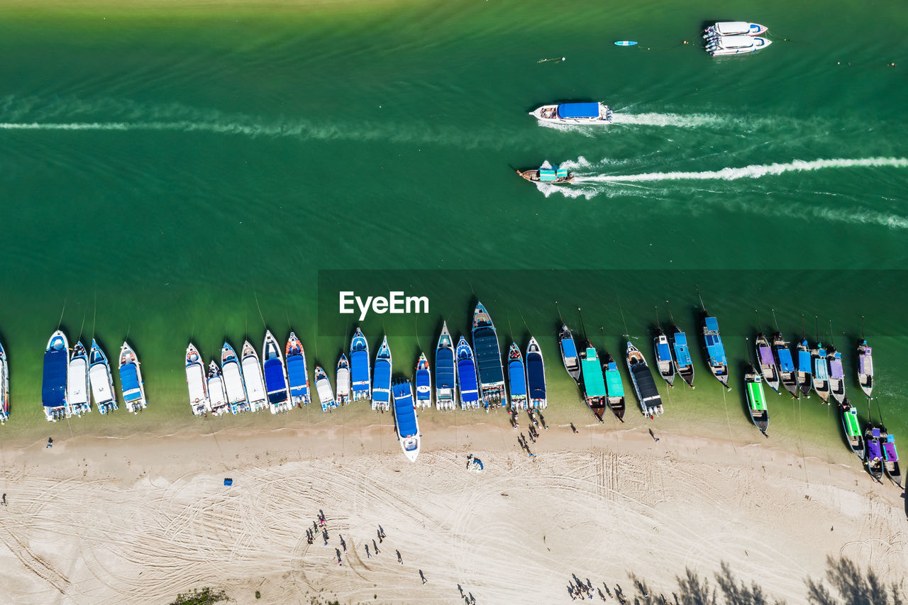 Swiftlet pier and tourists in high season of phang nga thailand aerial view