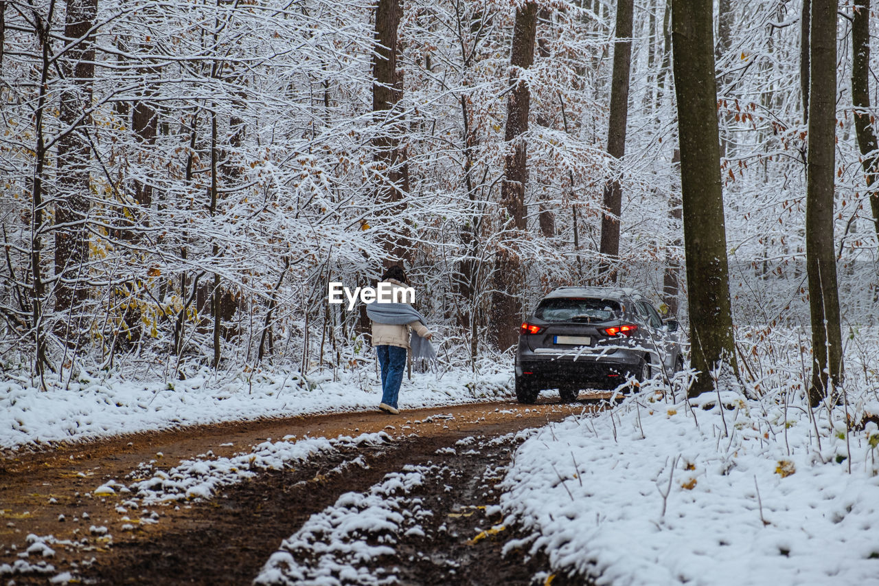 rear view of man skiing