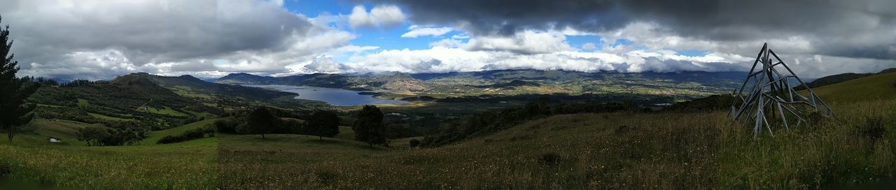 PANORAMIC SHOT OF LAND AND MOUNTAINS AGAINST SKY