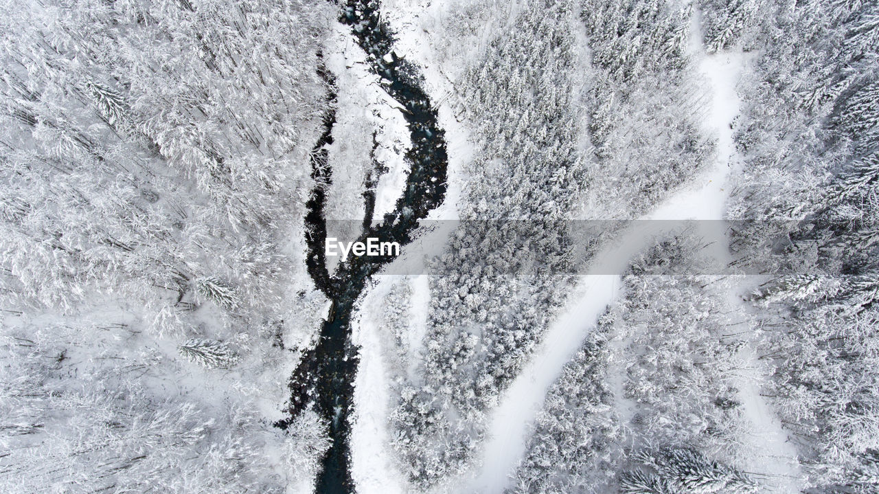 HIGH ANGLE VIEW OF SNOW ON SHORE
