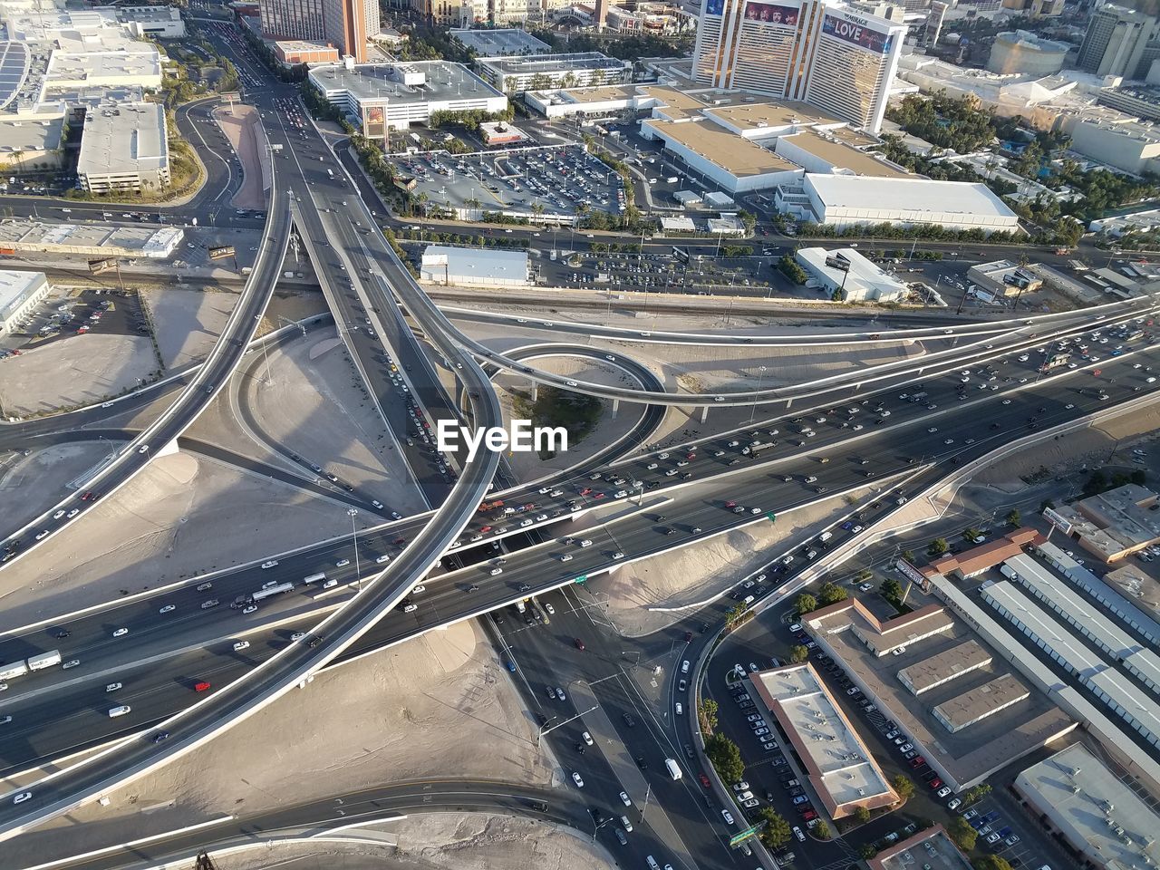 Aerial view of multiple lane highway in city