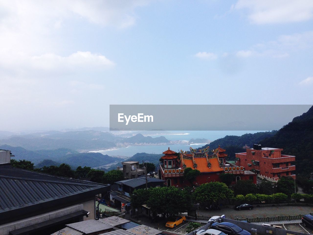 High angle view of buildings in town