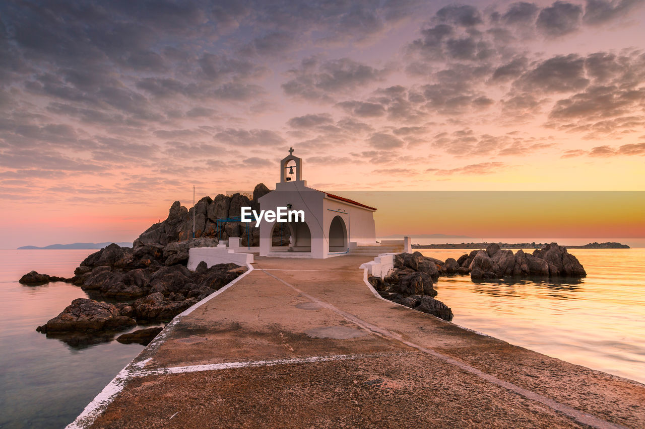 Agios isidoros church in northern chios at sunrise.