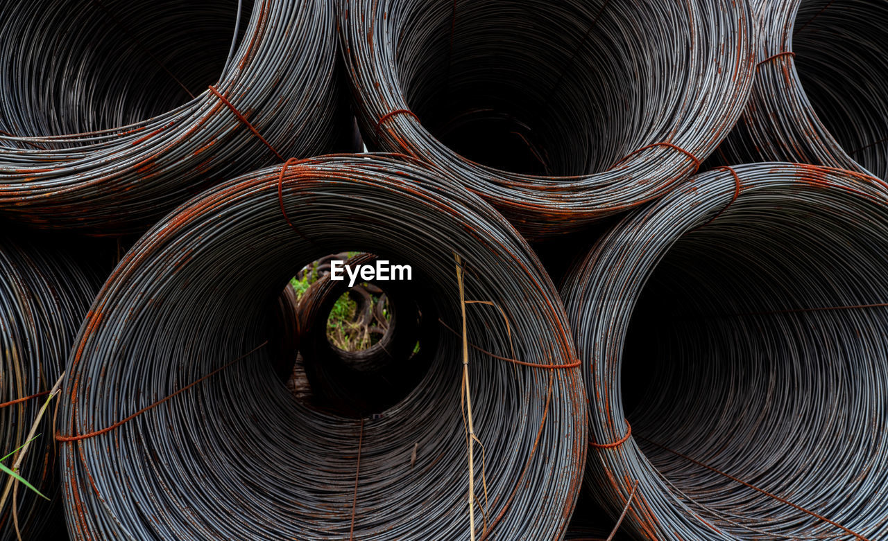 Closeup steel wire coil. metal steel reinforced for concrete construction. iron wire.