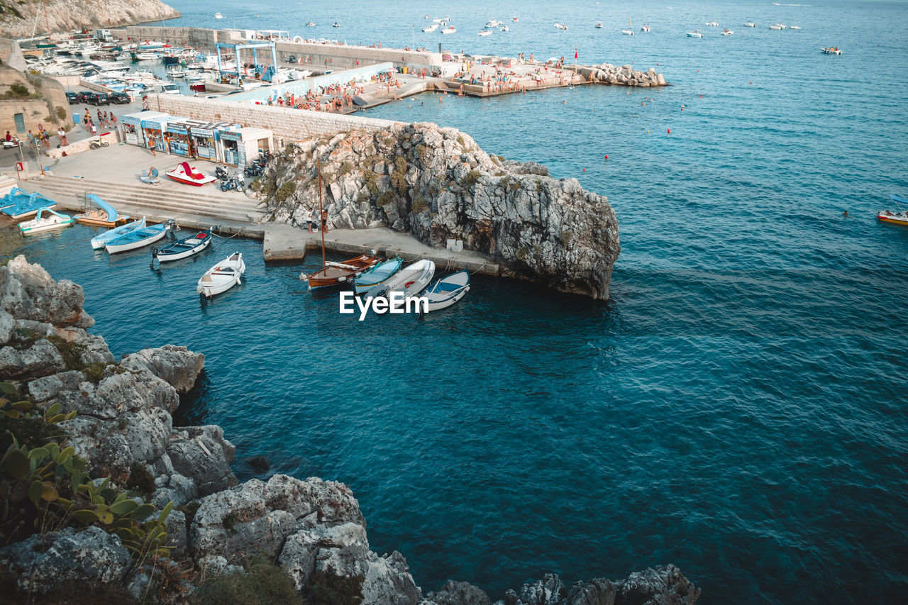 HIGH ANGLE VIEW OF ROCKS AND SEA