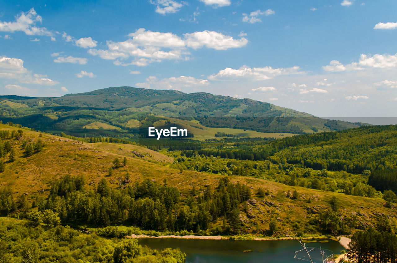 SCENIC VIEW OF LAKE AMIDST GREEN LANDSCAPE AGAINST SKY