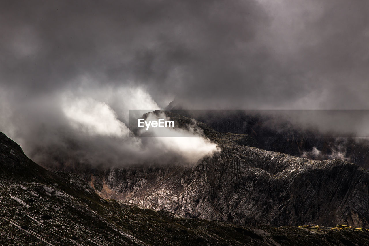 Scenic view of rocky mountains against cloudy sky at dusk