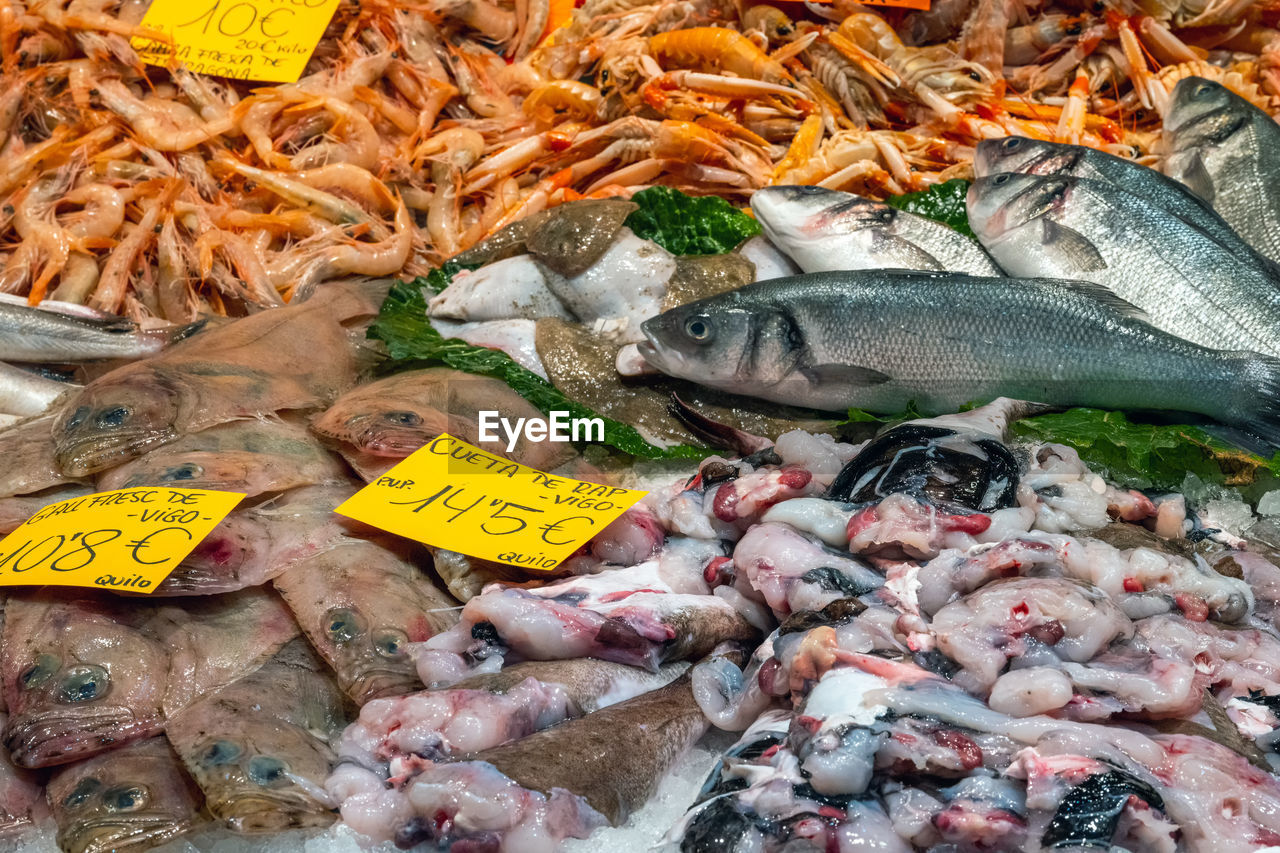market, food, food and drink, retail, for sale, fish, seafood, freshness, price tag, variation, raw food, market stall, animal, fish market, abundance, large group of objects, healthy eating, wellbeing, business, high angle view, no people, text, small business, sale, number, business finance and industry, day, fishing, retail display, communication, still life, fishing industry, dish, label, outdoors, animal themes, collection, arrangement, consumerism, script