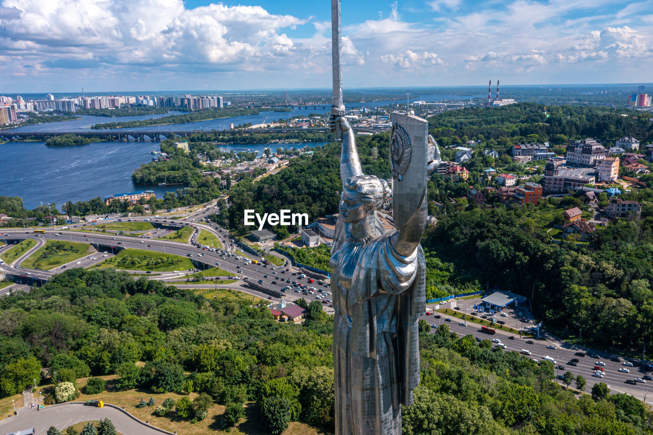 Aerial view of the mother motherland monument in kiev.