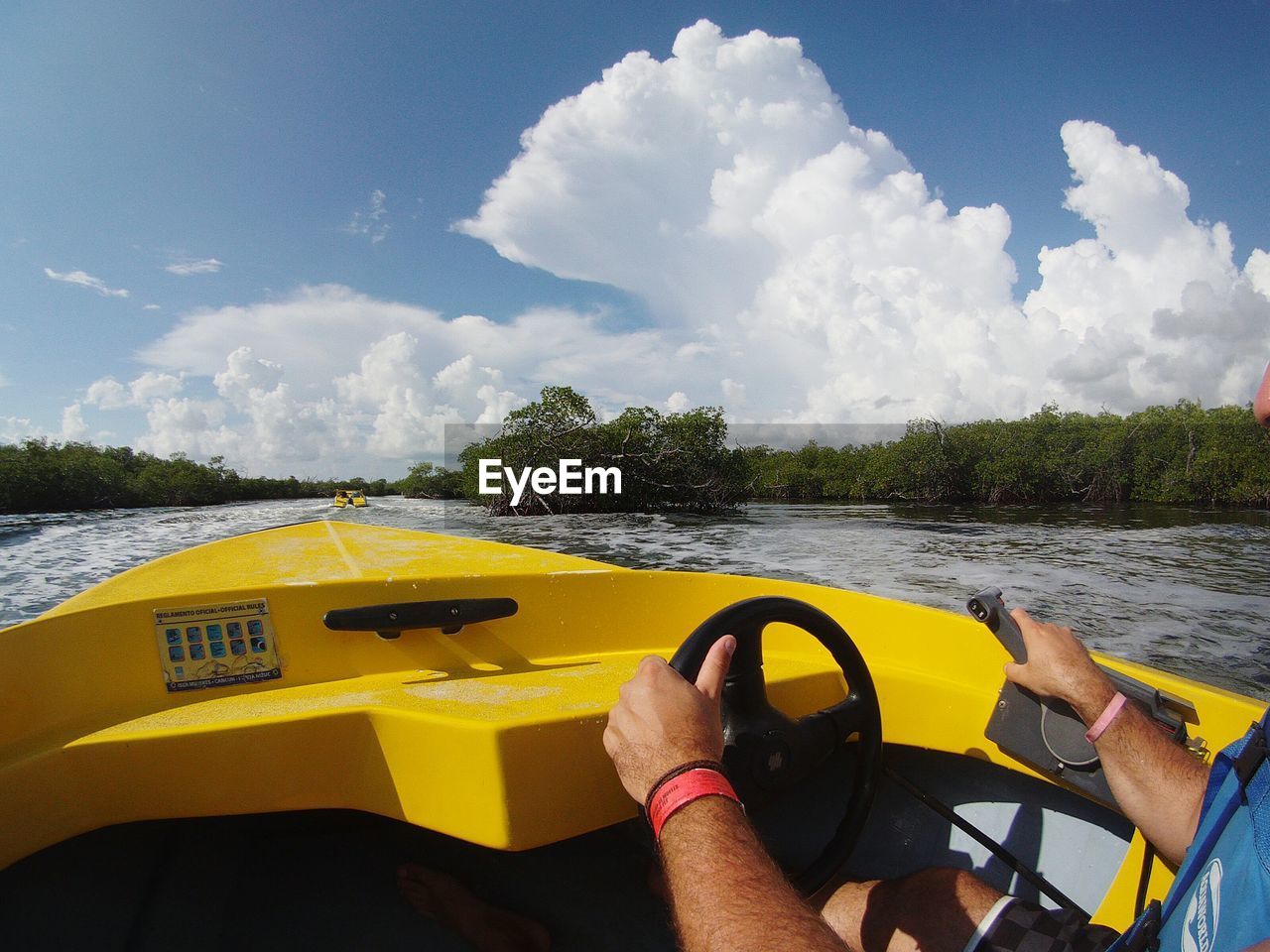CLOSE-UP OF MAN ON BOAT AGAINST RIVER