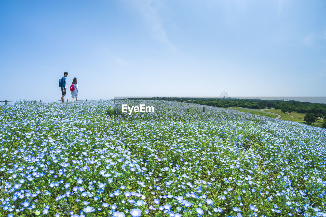 PEOPLE ON FIELD BY SEA AGAINST SKY