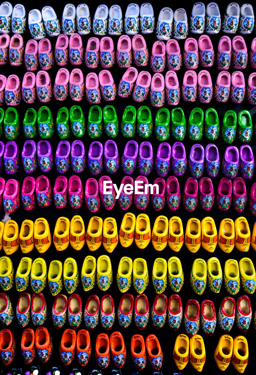 Full frame shot of colorful shoes for sale