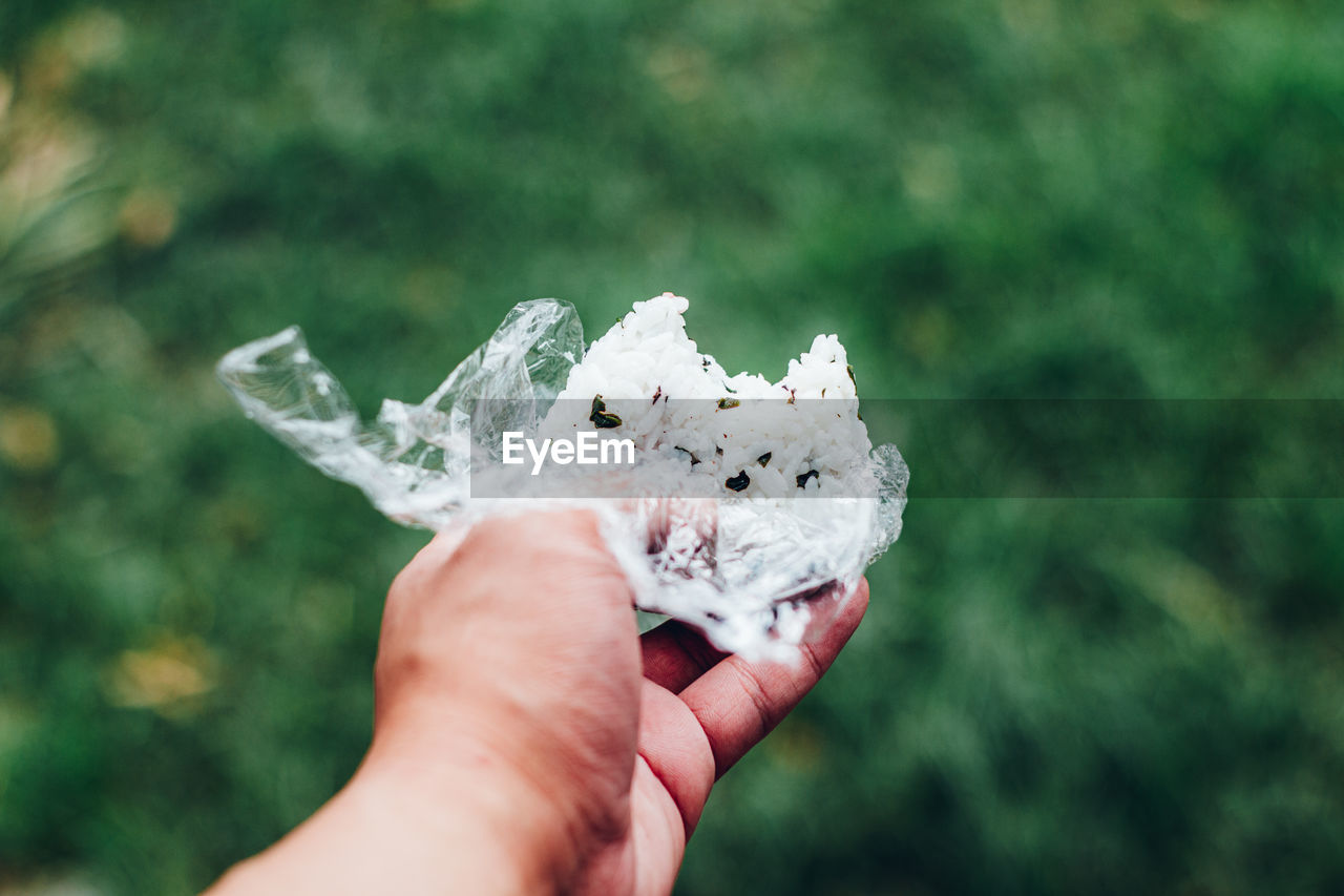 Personal perspective pov shot man holding rice ball against yard 