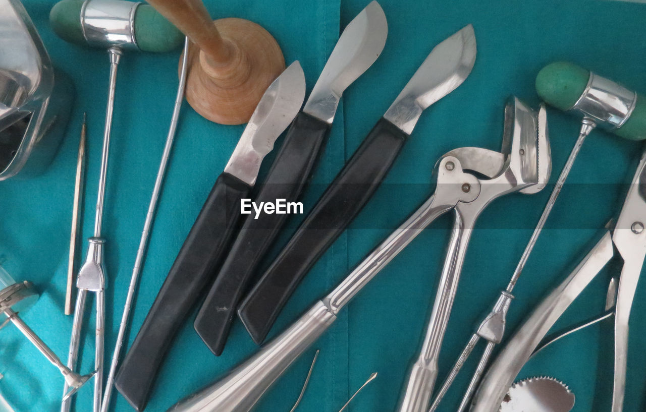 Close-up of surgical equipment on table