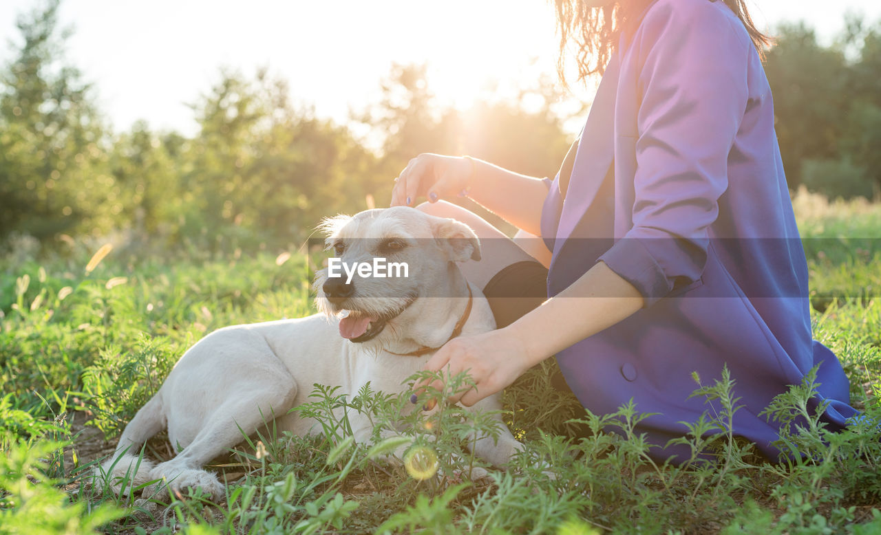 Woman with dog on grass 