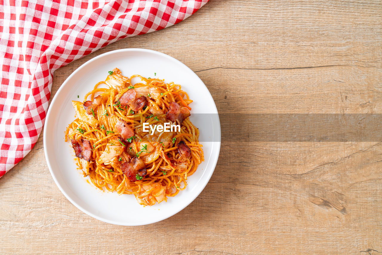 directly above shot of food in plate on table