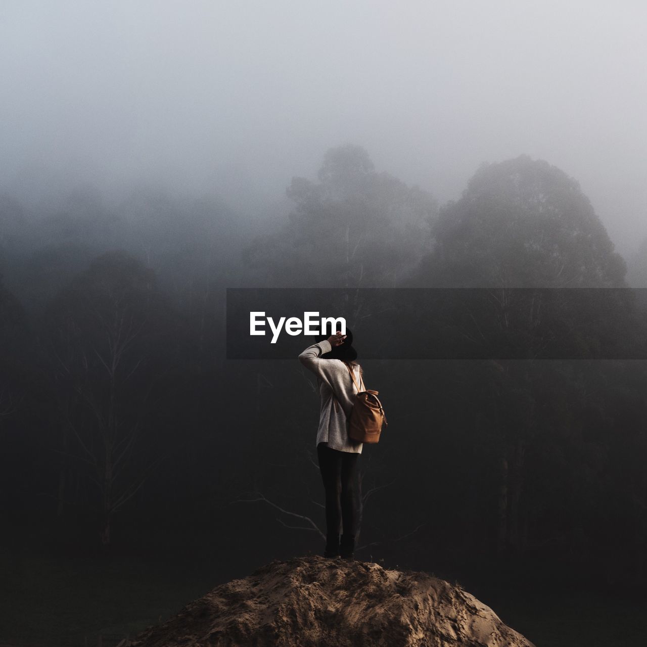 Rear view of woman standing on rock during foggy weather