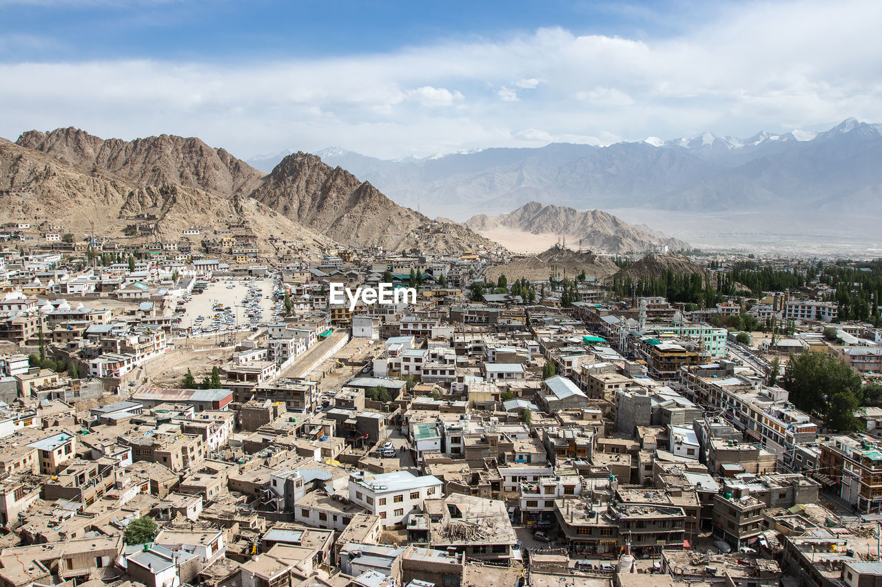 Landscape of leh-ladakh city with blue sky, northern india.