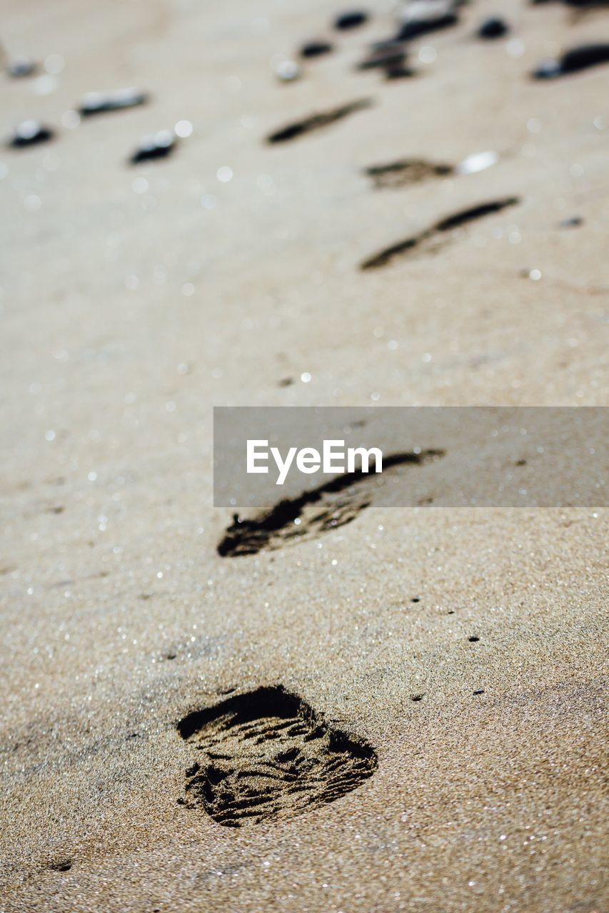 Shoe prints on sand at beach