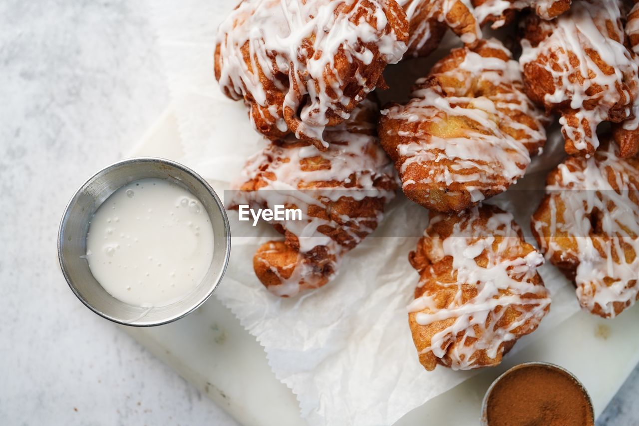 High angle view of homemade apple fritters