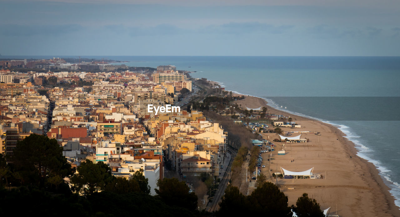 High angle view of city at seaside